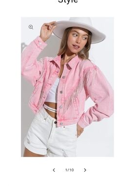 New Pink Rhinestone Fringe Denim Jacket - Women Size
